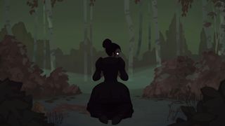 Liza in the woods during the trailer for the new vampire RPG Cabernet.