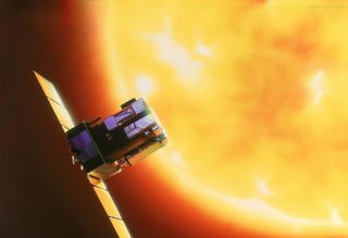 Artist's impression of the SOHO spacecraft, with the sun in the background.