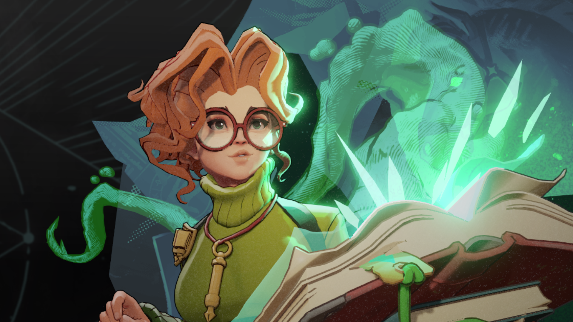 Paige, a new librarian character in Deadlock, looks towards her tome with curiosity.