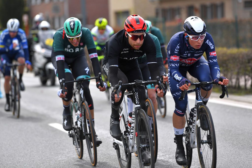 SCHOTEN BELGIUM APRIL 07 Clement Russo of France and Team Arka Samsic Jasper Philipsen of Belgium and Team AlpecinFenix during the 109th Scheldeprijs 2021 Mens Elite a 1942km race from Terneuzen to Schoten Breakaway SP21 FlandersClassic on April 07 2021 in Schoten Belgium Photo by Luc ClaessenGetty Images