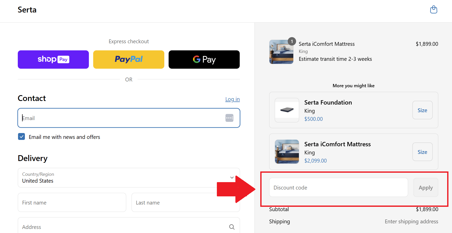 a screenshot of the Serta checkout page showing how to use a coupon code