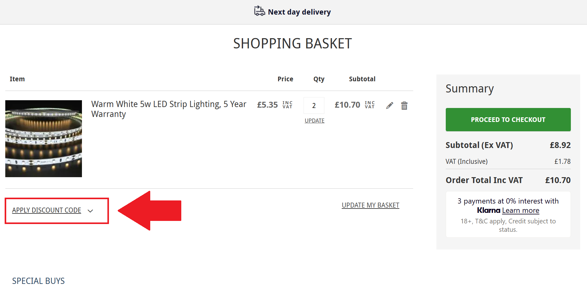 A screenshot of the simple lighting checkout screen showing where to enter your simple lighting discount code