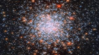 A Hubble telescope image showing many bright white stars surrounded by larger orange stars on a canvas of black space
