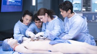 Niko Terho, Harry Shum Jr., Adelaide Kane and Midori Francis on Grey's Anatomy.