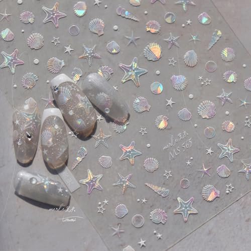 Summer Seashell Starfish Nail Art Stickers Shiny Shell Light Marine Life Nail Decals 5d Acrylic Engraved Nail Stickers Ocean Theme Summer Nails Design Adhesive Sliders for Women Girl Manicure Nail Art