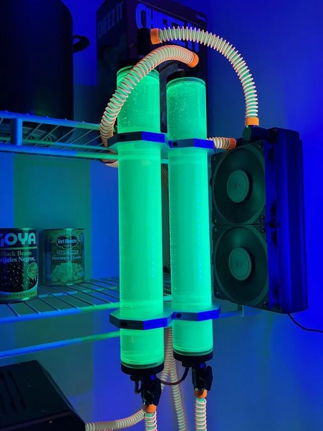 A custom liquid cooled gaming PC with UV fluorescent liquid
