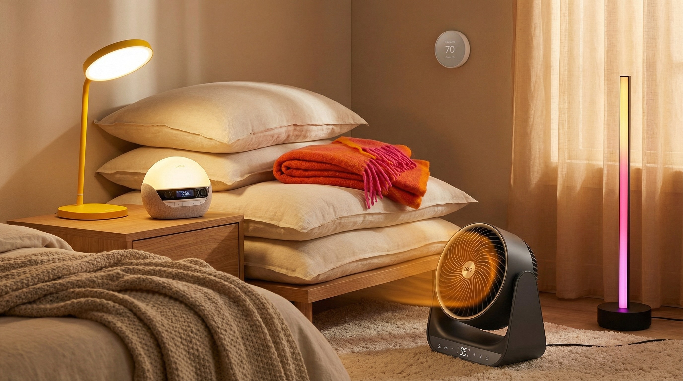 Collage of gadgets in a warm room, with pillows and throws
