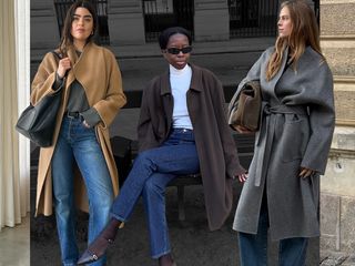 fashion collage featuring three style influencers including Anna Newton, Sylvie Mus, and Clara Dyrhauge wearing 2025 trends like elegant coats and dark-wash-jeans