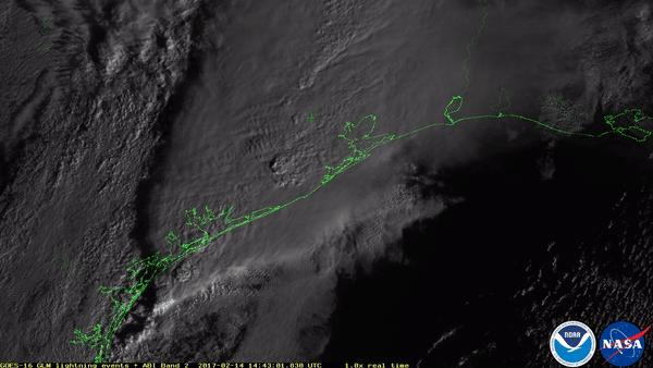This animation shows lightning in clouds associated with the weather system that produced severe thunderstorms and a few tornadoes in east Texas on Feb. 14, 2017.