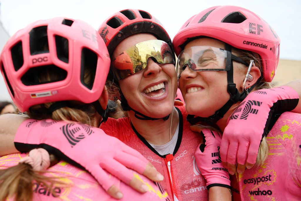 MONCOFAR SPAIN APRIL 29 Stage winner Alison Jackson of Canada and Team EF EducationCannondale celebrates with her teammates after the 10th La Vuelta Femenina 2024 Stage 2 a 1183km stage from Bunol to Moncofar UCIWWT on April 29 2024 in Moncofar Spain Photo by Alex BroadwayGetty Images