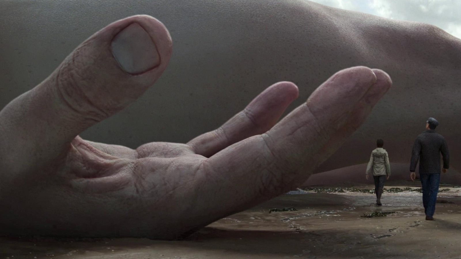 Screenshot from the animated tv series Love, Death & Robots. This still is from the episode The Drowned Giant. Here we see a close up of a giant hand. There are a man and woman standing nexty to the hand, but they're barely the height of the giant hand's fingernail.