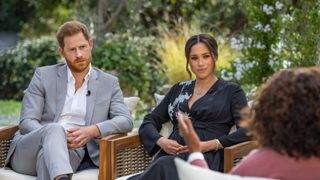 UNSPECIFIED - UNSPECIFIED: In this handout image provided by Harpo Productions and released on March 5, 2021, Oprah Winfrey interviews Prince Harry and Meghan Markle on A CBS Primetime Special premiering on CBS on March 7, 2021. (Photo by Harpo Productions/Joe Pugliese via Getty Images)