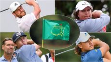 Four golfers and a Masters flag in a montage