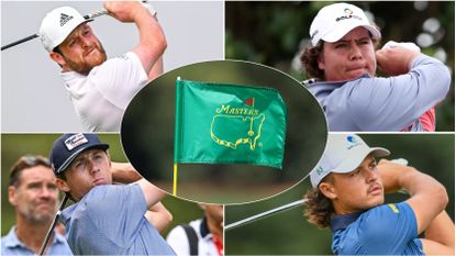 Four golfers and a Masters flag in a montage