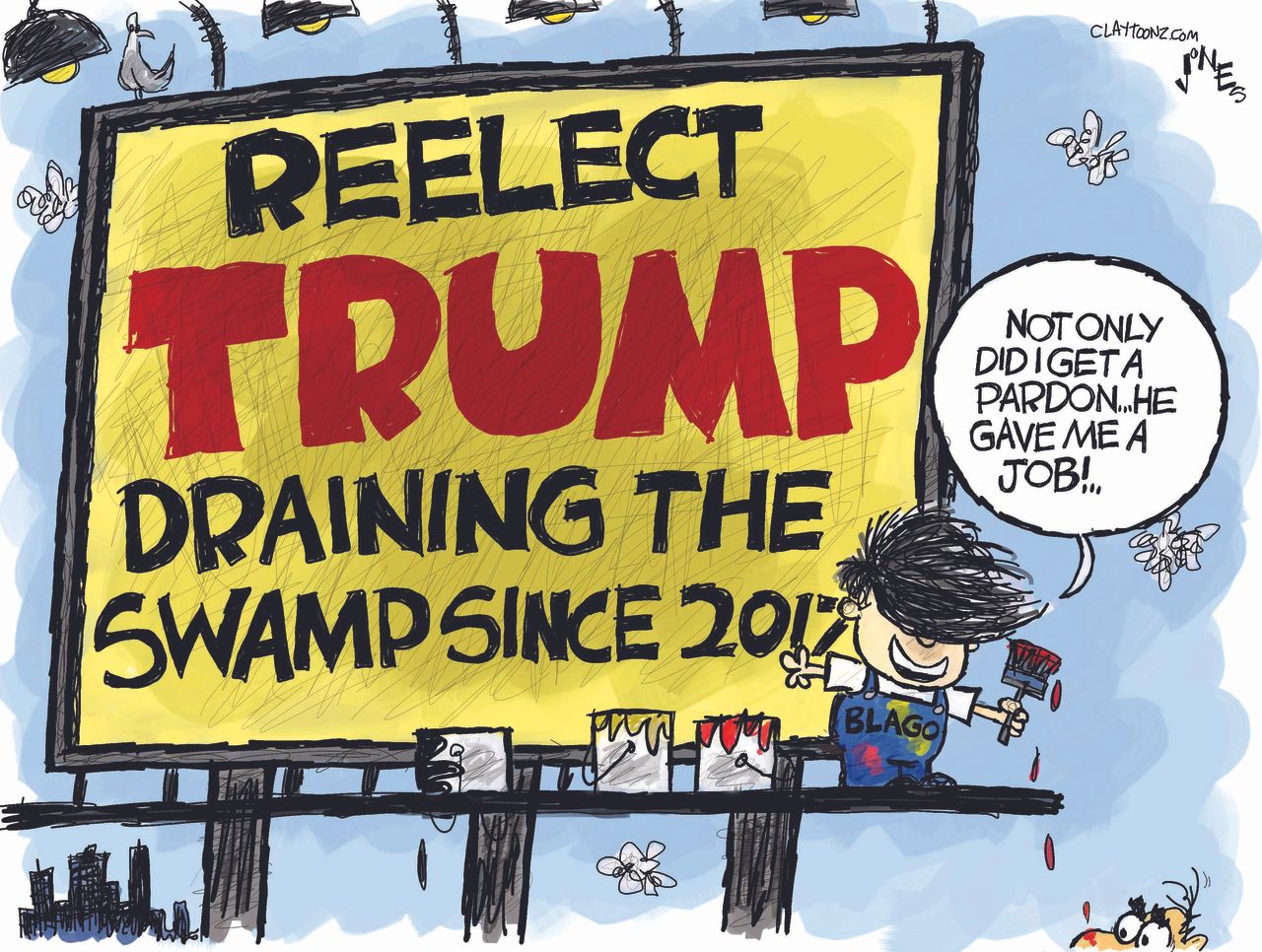 Political Cartoon U.S. Trump Rod Blagojevich draining the swamp pardons corruption reelection