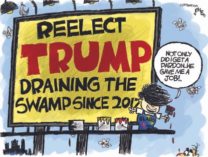 Political Cartoon U.S. Trump Rod Blagojevich draining the swamp pardons corruption reelection