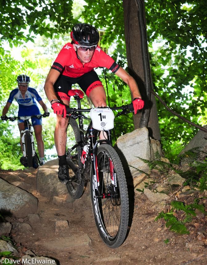 Lea Davison (Specialized) leading Georgia Gould near the end of lap two