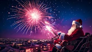 AI image generated with the prompt "Santa lighting fireworks from his sleigh flying over rooftops"