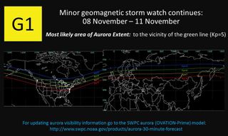This map shows where auroras will likely appear from Nov. 8 to Nov. 11; if the stream of particles from the sun intensifies, auroras could appear within the regions encompassed by the yellow or red lines as well.