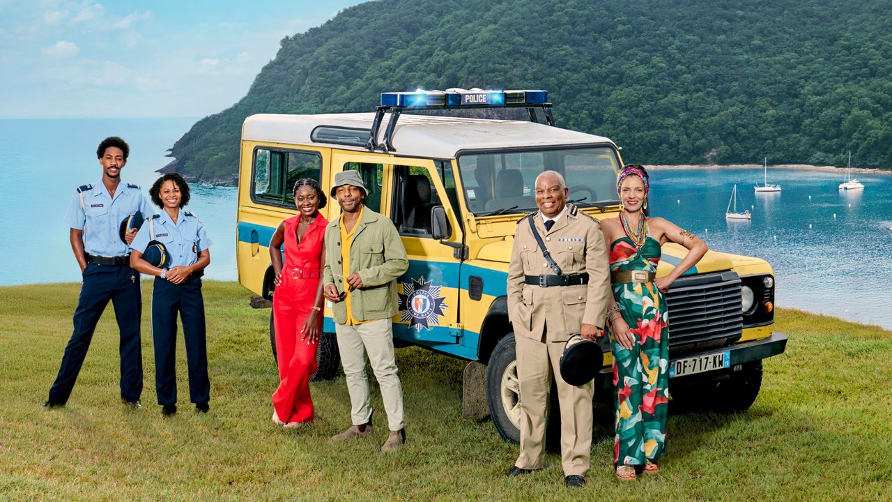Sebastian Rose, Mattie Fletcher, Naomi Thomas, DI Mervin Wilson, Selwyn Patterson and Catherine Bordey in Death in Paradise season 15