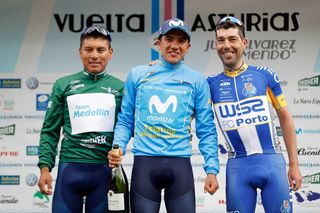 Jonathan Klever Caicedo (Meddelin), Richard Carapaz (Movistar), and Ricardo Mestre (W52) on the Asturias podium