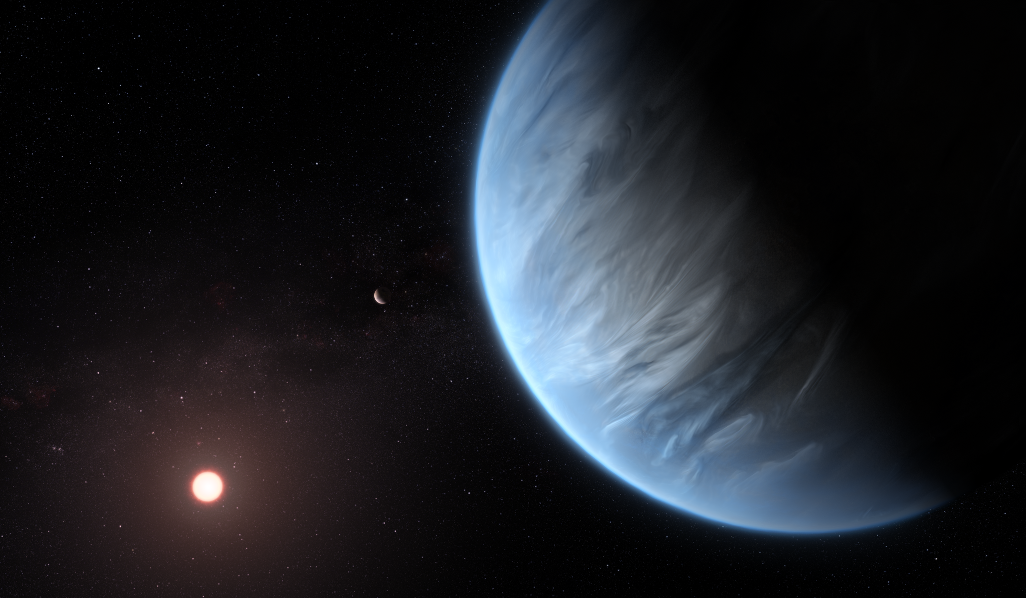A blue and white sphere is to the right of a small white dot over a black background