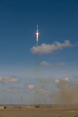 The Soyuz TMA-13 spacecraft launches from the Baikonur Cosmodrome