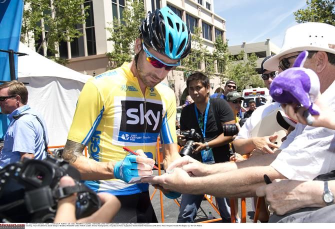 Race leader Bradley Wiggins pleases his fans at the Tour of California