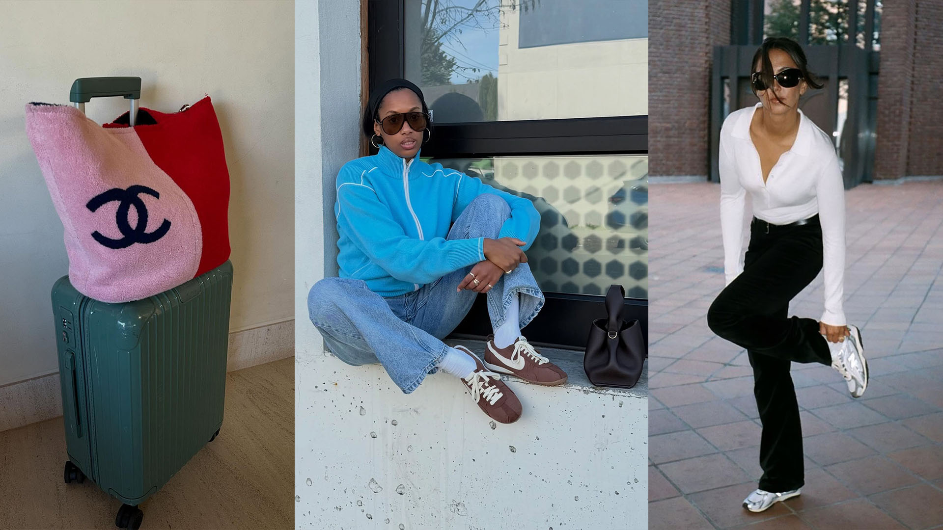women wearing travel friendly outfits and a suitcase with a Chanel red and pink bag