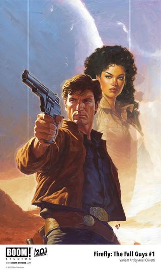 a woman stands behind a man holding a pistol on a desert planet
