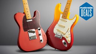 Two Fender Player Series guitars on a grey background