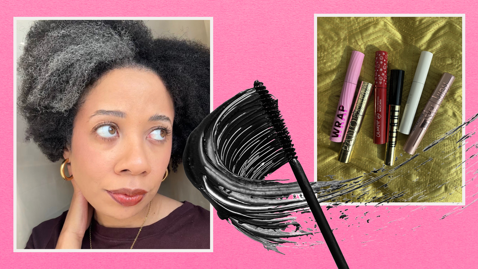 drugstore mascara art treatment, a woman with long lashes on a pink background with a smear of mascara and a wand