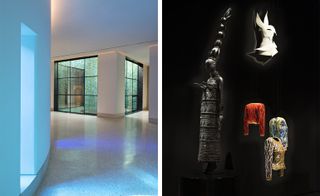 Left: stained-glass windows line a curved corridor. Right: A black space with illuminated pieces of intricately-designed clothing