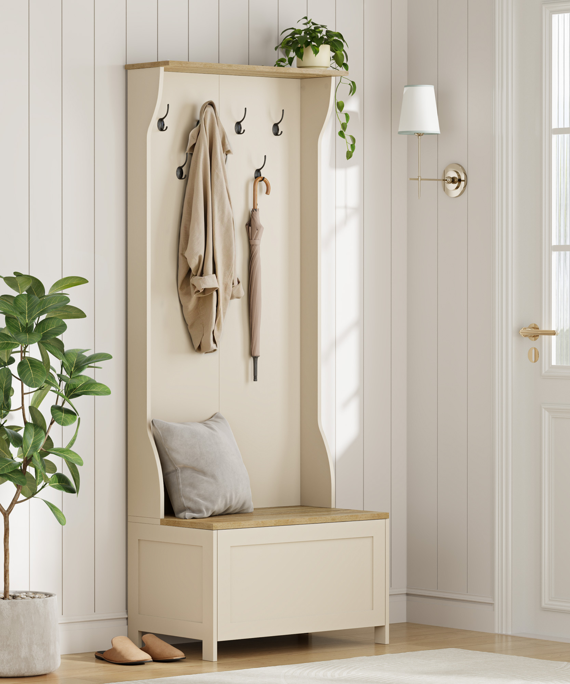small hallway with white panelled walls, off white hallway storage unit and simple small wall light with silver arm and white shade