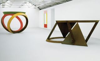 An installation view of the Robert Mangold and Bruce Nauman exhibition that took place at the Saatchi Gallery