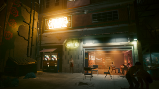 Cyberpunk 2077 cafe at night