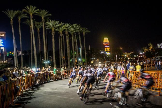The mens field races by outside of Mandalay Bay.