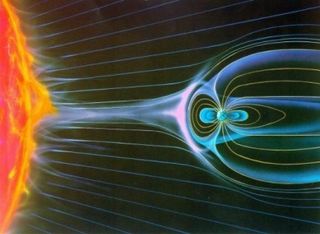 The Earth's magnetosphere deflects some of the solar wind.