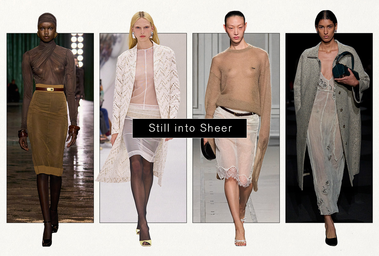 a collage of models wearing sheer clothing trend on the spring and fall 2024 runway