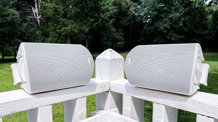 Polk Atrium 4 outdoor speakers on a wooden fence in a sunny garden