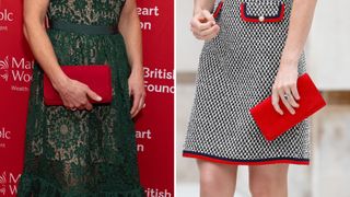 Pippa and Kate's same red clutch bag close-up on two different occasions