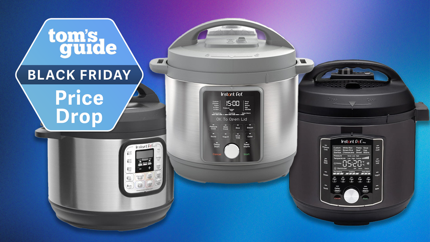 three instant pots on a blue and purple background with a blue tom&#039;s guide deal badge black friday