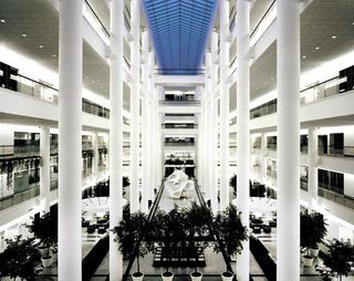 SunTrust Garden Offices, Atlanta atrium, 2000 with sculpture The Web by John Portman in background.