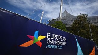Logo of the European Championships Munich 2022 seen outside the Olympic Stadium