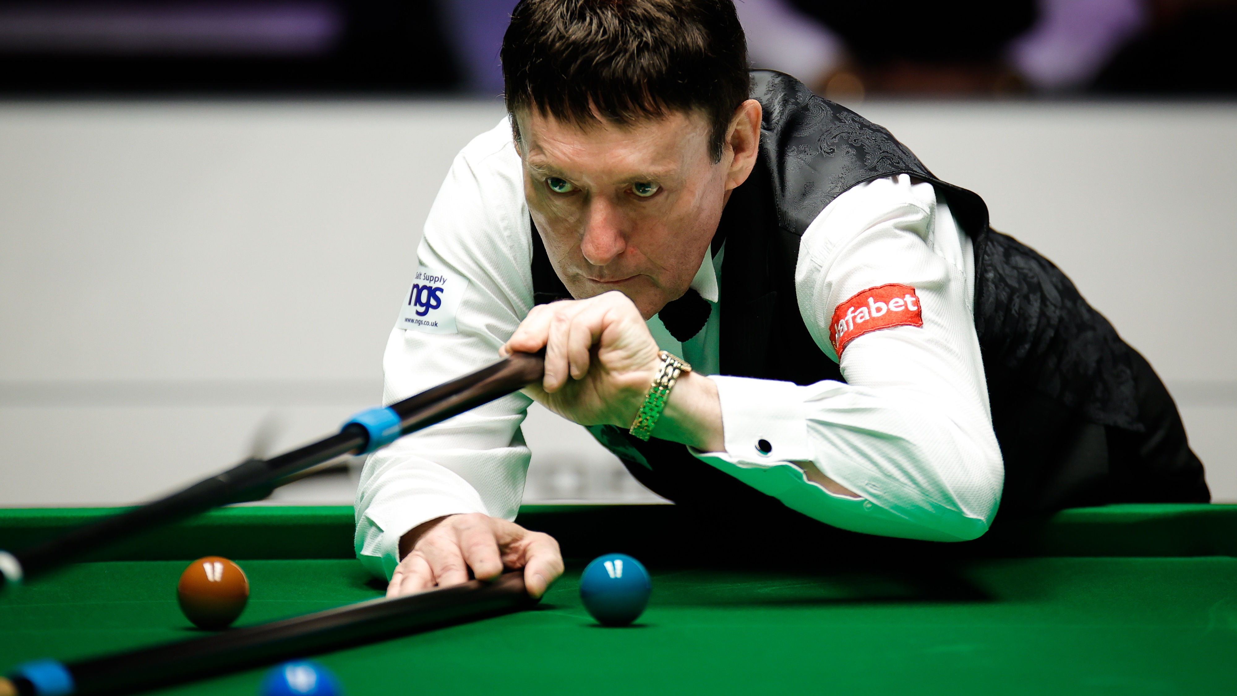 SHEFFIELD, ENGLAND - MAY 07: Jimmy White of England plays a shot in the semi-final match against Tony Drago of Malta on day 5 of the 2023 LLP Solicitors World Seniors Championship at Crucible Theatre on May 7, 2023 in Sheffield, England. (Photo by VCG/VCG via Getty Images)