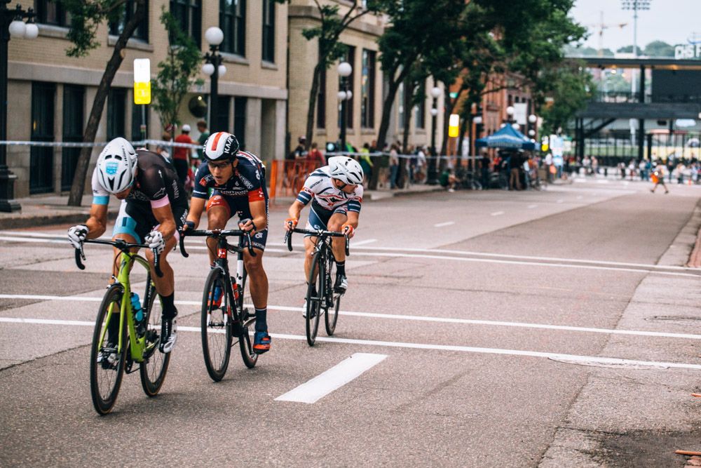 Andrew Dalheim (Canyon Bicycles) peers back from the breakaway. The trio moved quick and was barely caught by the finale