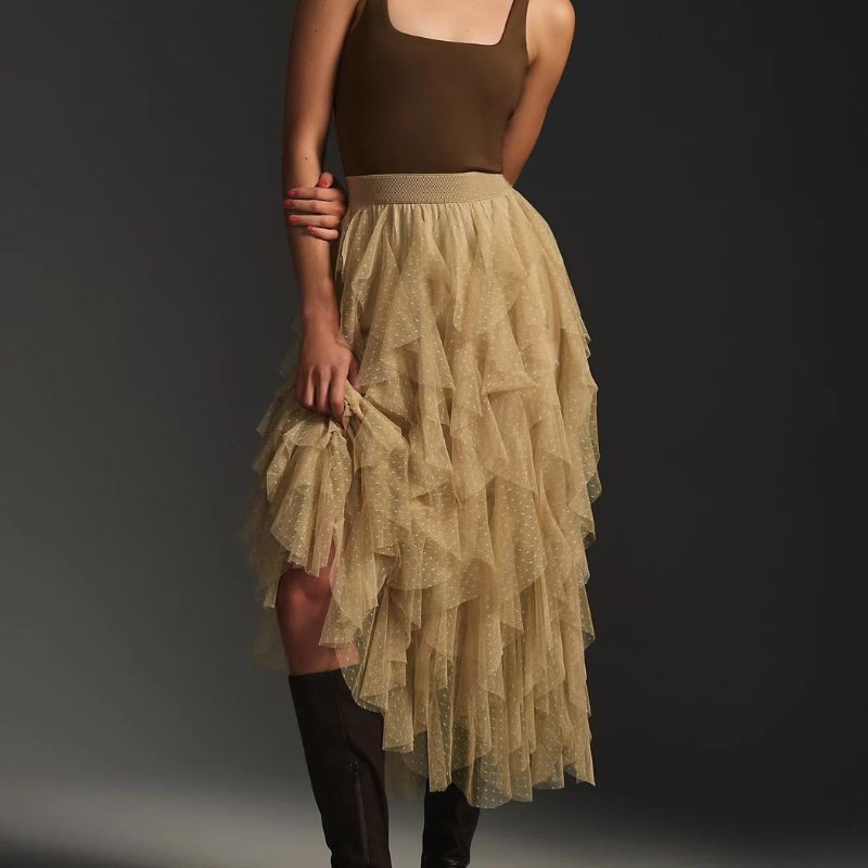 model wearing anthropologie ruffled midi skirt