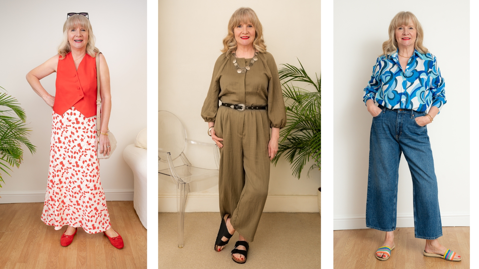 A composite of Julie Player wearing 3 different outfits