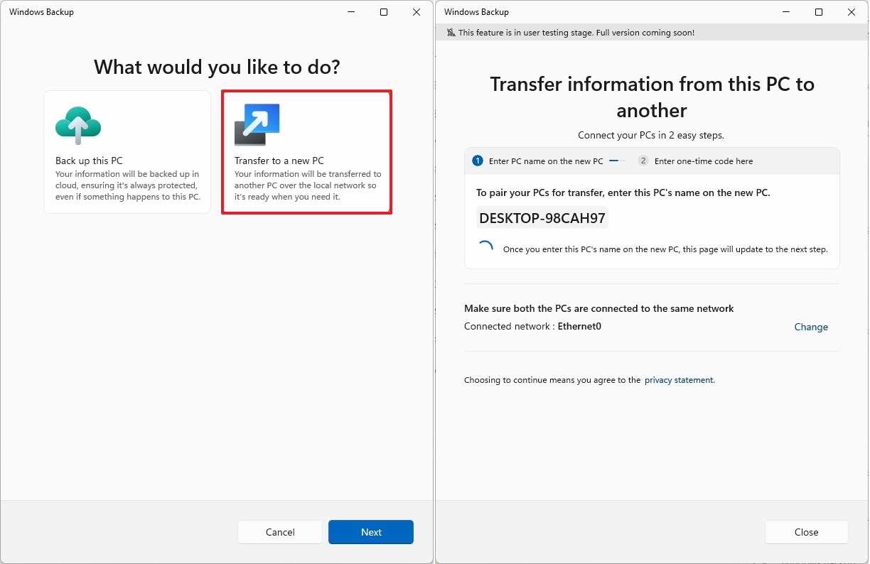 Windows Backup PC-to-PC transfer