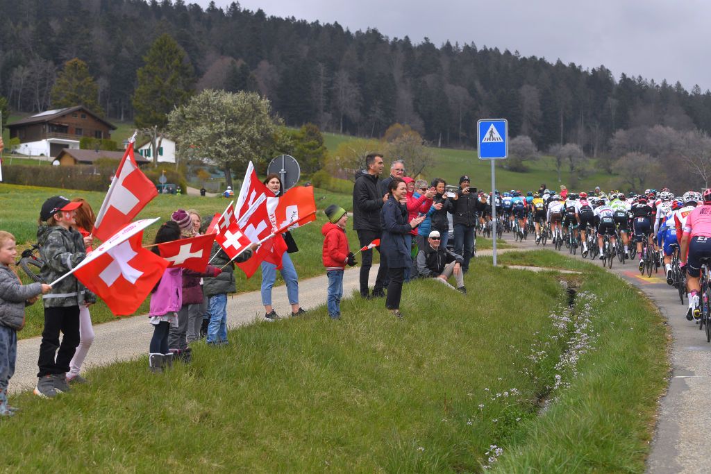 SAINTIMIER SWITZERLAND APRIL 29 Fans cheering The Peloton during the 74th Tour De Romandie 2021 Stage 2 a 1657km stage from La Neuveville to SaintImier Public TDR2021 TDRnonstop UCIworldtour on April 29 2021 in SaintImier Switzerland Photo by Luc ClaessenGetty Images